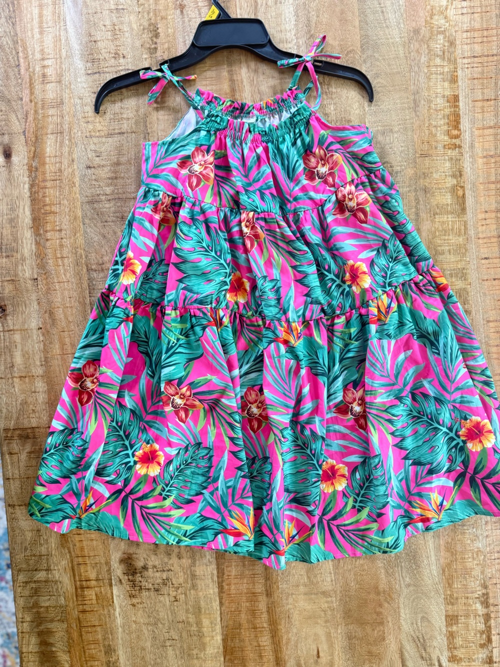 SHEIN Girls Size 8Y Tropical Floral Tiered Sundress Pink Green Tie Strap